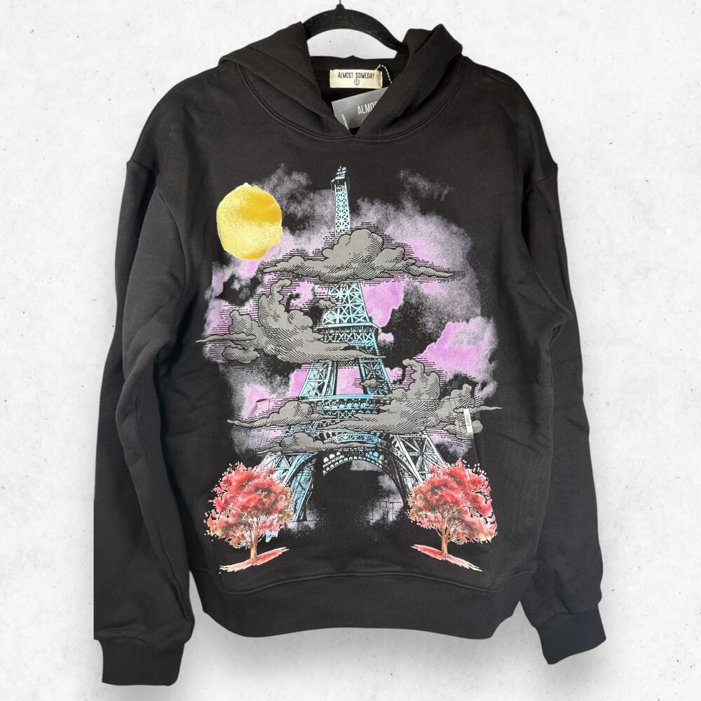 Almost Someday Paris Hoodie Black Men's Small 100% Cotton NWT